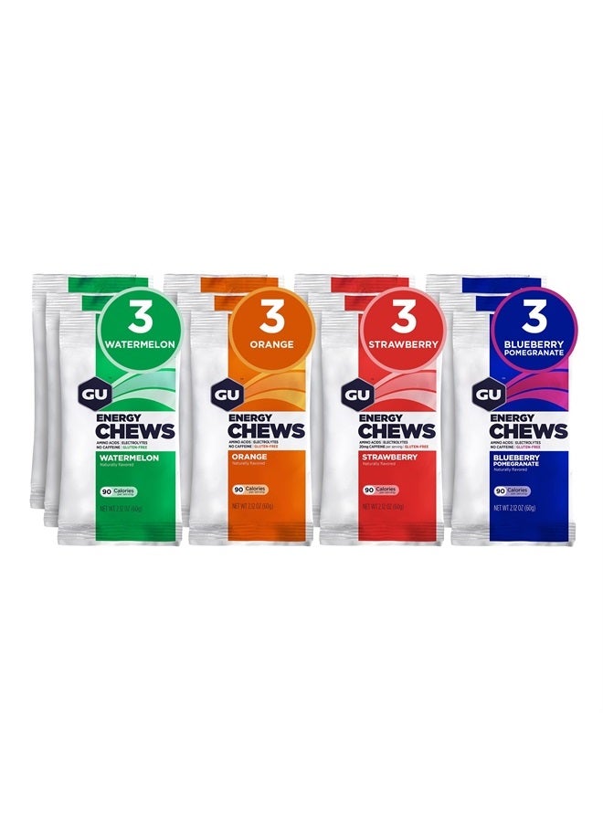 Energy Chews, Variety Pack Energy Gummies with Electrolytes, Vegan, Gluten-Free, Kosher, Caffeine/Caffeine-Free, and Dairy-Free On-The-Go Energy for Any Workout, 12 Bags (24 Servings Total)