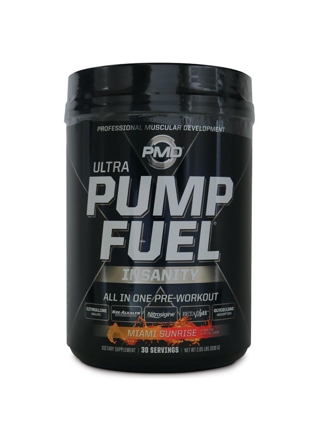 Sports Ultra Pump Fuel Insanity - Pre Workout Drink Mix for Energy, Strength, Endurance, Recovery - Complex Carbohydrates and Amino Energy - Miami Sunrise (30 Servings)