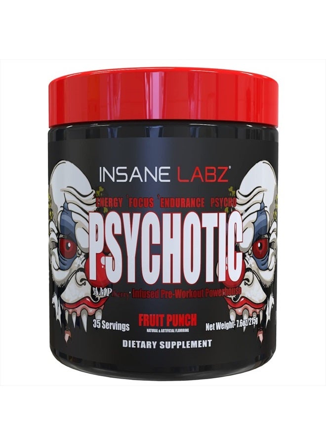 Psychotic, High Stimulant Pre Workout Powder, Extreme Lasting Energy, Focus and Endurance with Beta Alanine, Creatine Monohydrate DMAE, 35 Srvgs (Fruit Punch)