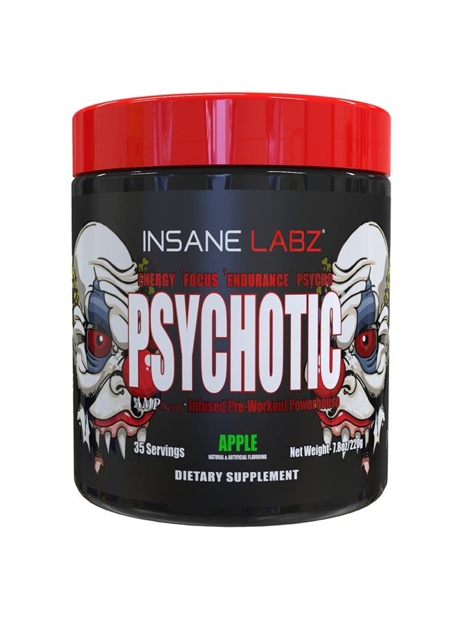 Psychotic, High Stimulant Pre Workout Powder, Extreme Lasting Energy, Focus and Endurance with Beta Alanine, Creatine Monohydrate DMAE, 35 Srvgs (Apple)