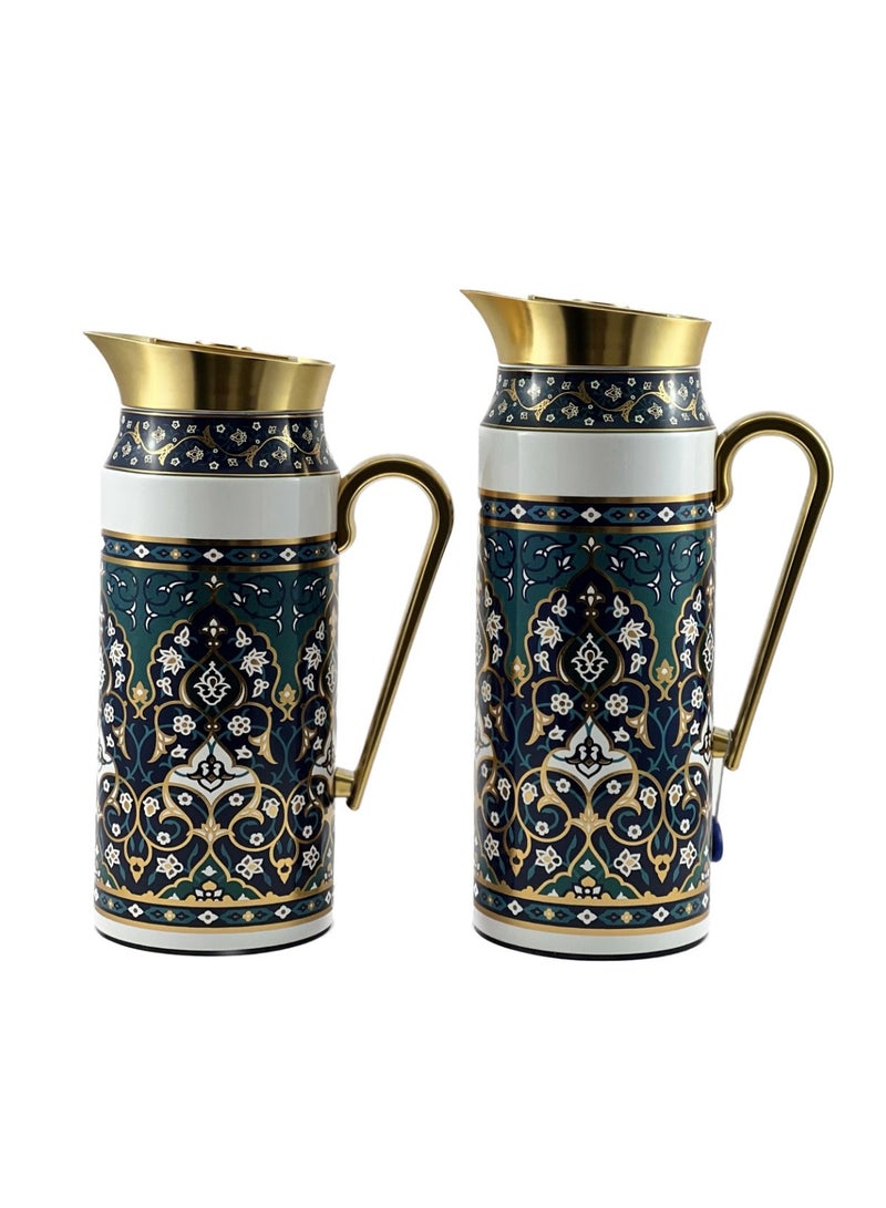 2-Piece Tea & Coffee Flask - 0.75 Liter & 1 Liter Capacity - Glass Inner - Steel Body - Multicolor Desing - Gold Handle