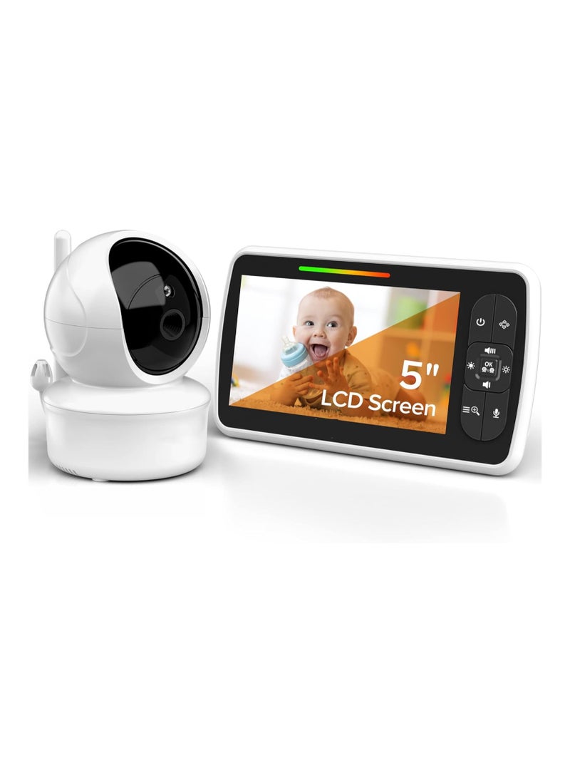 Baby Monitor, 5” Large Display Video Baby Monitor with Remote Pan-Tilt-Zoom, Infrared Night Vision, Temperature Display, Lullaby, Two Way Audio, 960ft Range Baby Monitor with Camera and Audio