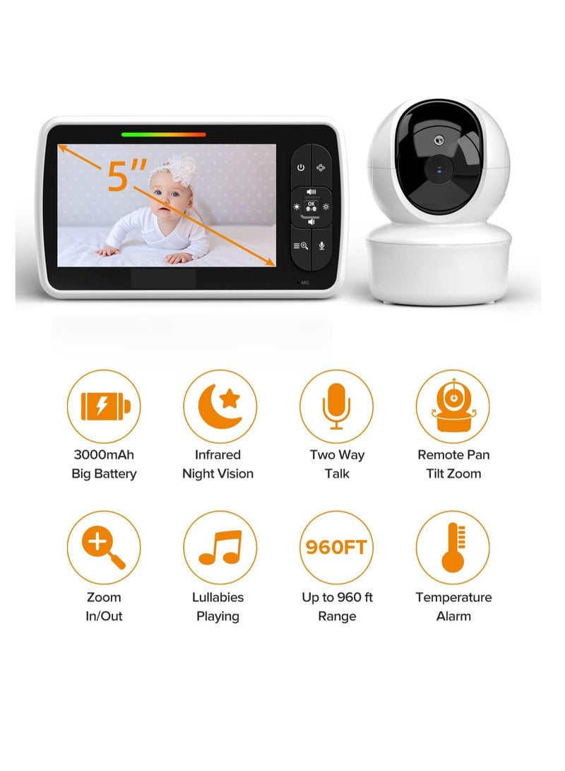 Baby Monitor, 5” Large Display Video Baby Monitor with Remote Pan-Tilt-Zoom, Infrared Night Vision, Temperature Display, Lullaby, Two Way Audio, 960ft Range Baby Monitor with Camera and Audio