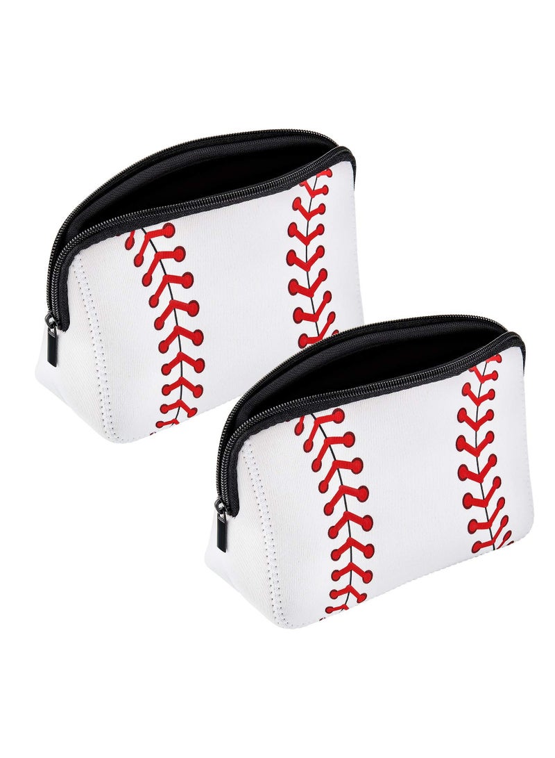 White Softball Bag, softball Print Makeup Bag Baseball Travel Cosmetic Pouch Bag Waterproof Neoprene Bag with Zipper (2pcs, 10.24 x 5.12 x 3.7 Inch)
