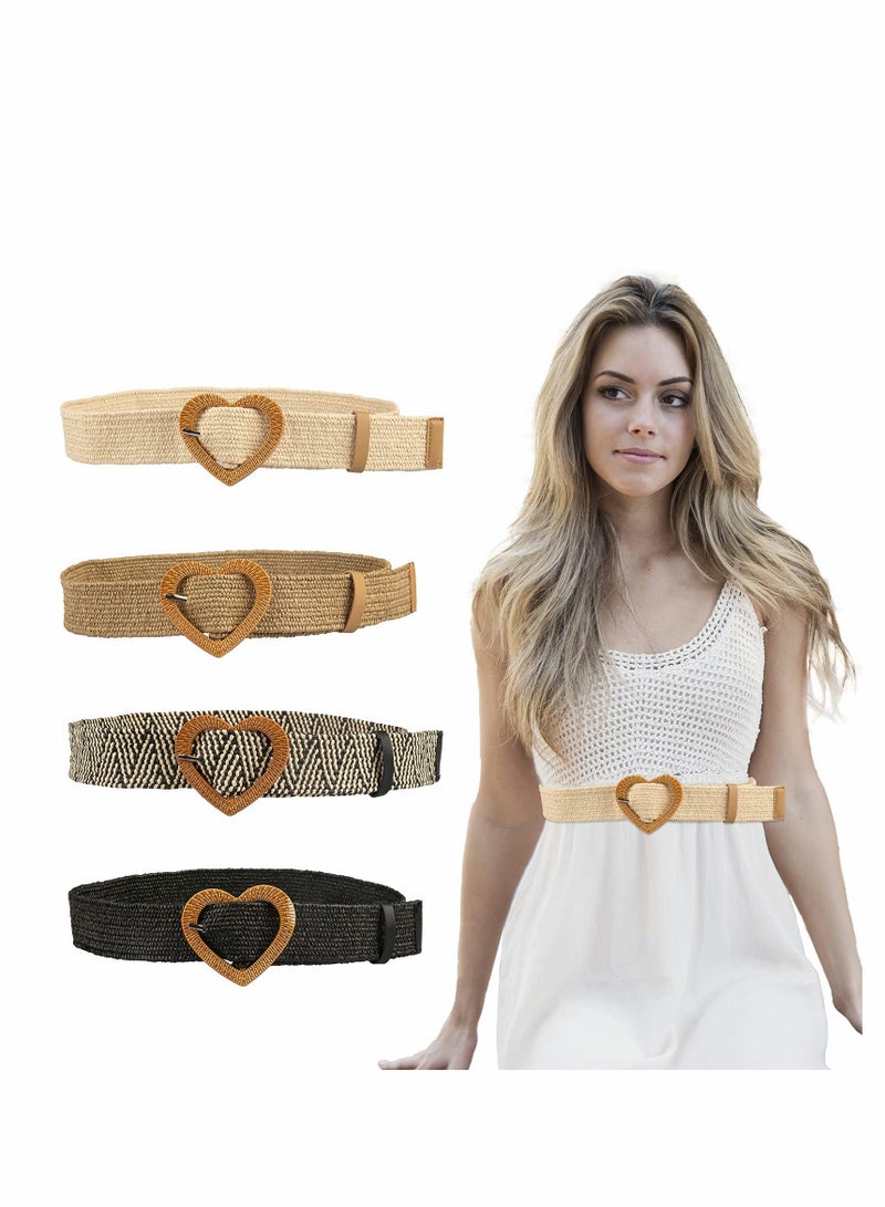 4 Pcs Straw Woven Elastic Stretch Waist Belt Skinny Dress Belt For Women Bohemian Ladies Dress Belts