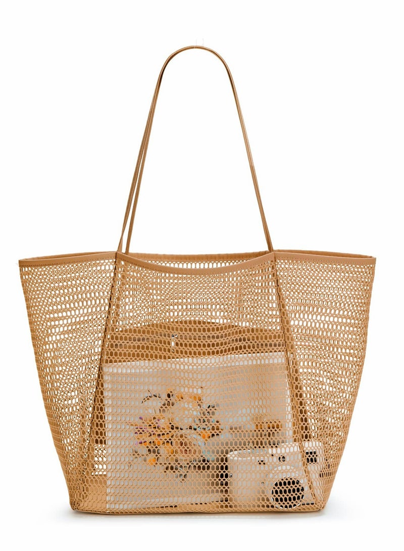 Mesh Beach Bag for Women, Large Tote Bag Lightweight Foldable Beach Tote with Zipper Pocket for Women Vacation Beach Pool Trip