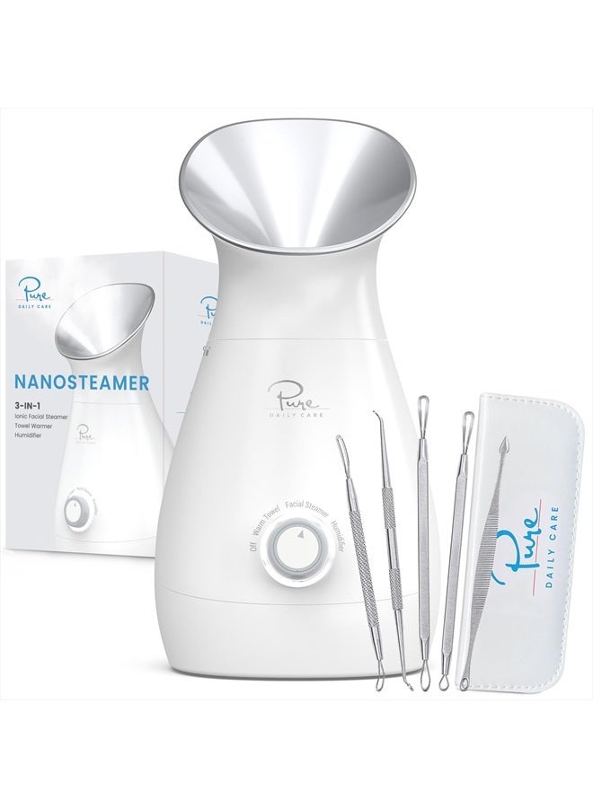 NanoSteamer Large 3-in-1 Nano Ionic Facial Steamer with Precise Temp Control - Humidifier - Unclogs Pores - Blackheads - Spa Quality - Bonus 5 Piece Stainless Steel Skin Kit (Silver)