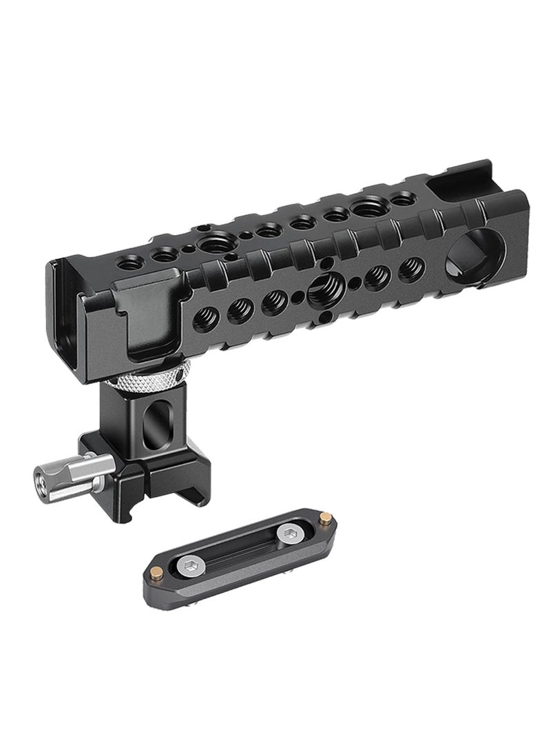 Camera Cage Top Handle Grip Quick Release NATO Rail Top Handle with Cold Shoe Arri Locating Hole 15mm Rod Clamp NATO Safety Rail for Video Camera Cage Rig Camcorder Light Microphones