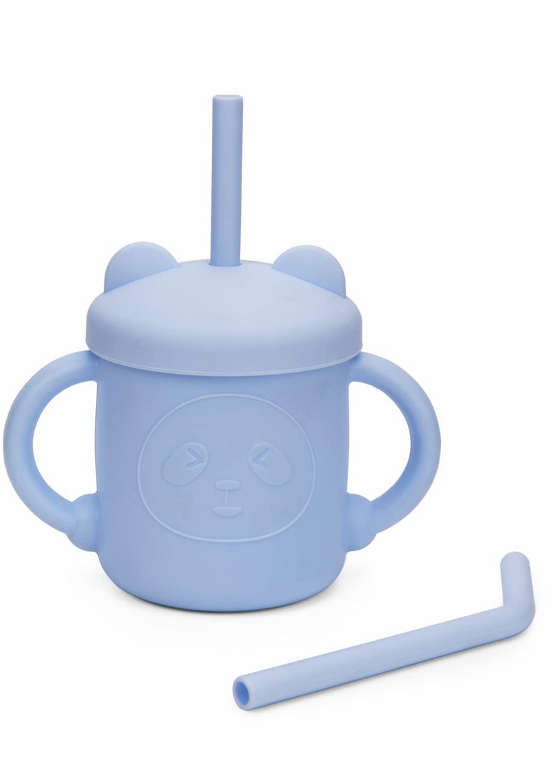 Silicone Toddler Sippy Cups, Baby Training Cup 7 oz, Drinking with Handles and Spout Lid for Babys and 2 Straws, 6 Months+ (Sky Blue)