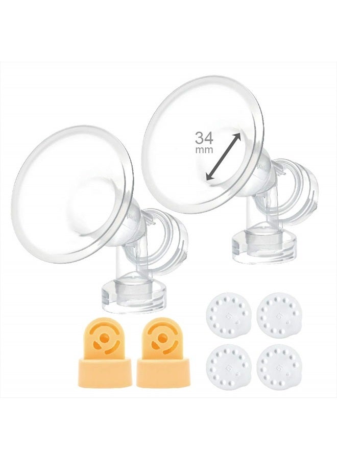 34 mm 2xOne-Piece Extra Large Breastshields w/Valves and Membranes Compatible wtih Medela Breast Pumps; Smaller Than Medela PersonalFit 36 Breastshield; Made by Maymom