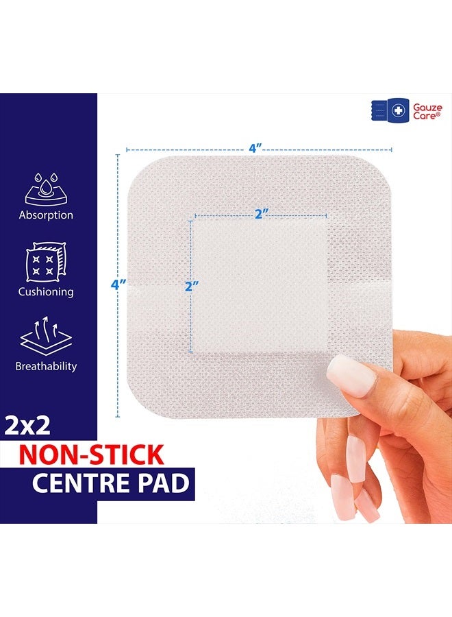 GauzeCare Island Dressing 4x4 inch 28 Pcs| Individually Packed Sterile Pouches| 2x2 Non-Stick Pad in Center with Acrylic Adhesive Borders| Water-Resistant Adhesive Pads for Wound Care and Dressing