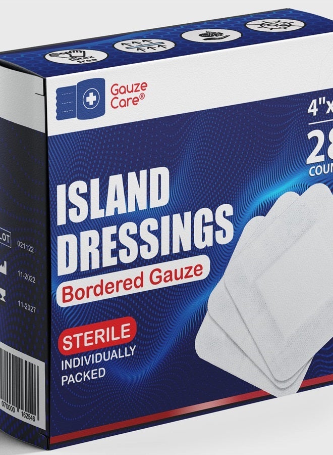 GauzeCare Island Dressing 4x4 inch 28 Pcs| Individually Packed Sterile Pouches| 2x2 Non-Stick Pad in Center with Acrylic Adhesive Borders| Water-Resistant Adhesive Pads for Wound Care and Dressing