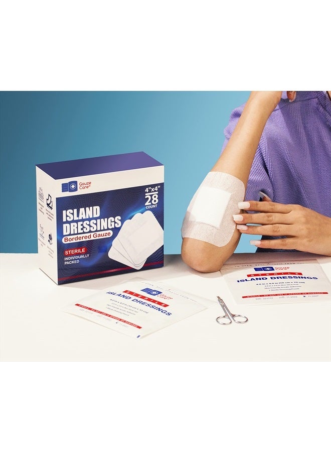 GauzeCare Island Dressing 4x4 inch 28 Pcs| Individually Packed Sterile Pouches| 2x2 Non-Stick Pad in Center with Acrylic Adhesive Borders| Water-Resistant Adhesive Pads for Wound Care and Dressing
