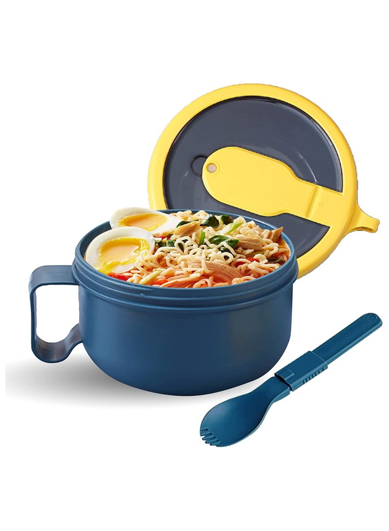 Large Soup Bowl with Lid, Microwave Instant Ramen Noodle Bowl with Spoon and Handle, Big Enough for 2 Packs of Ramen, Ideal for Pasta, Cereal, Soup and Noodle, Blue