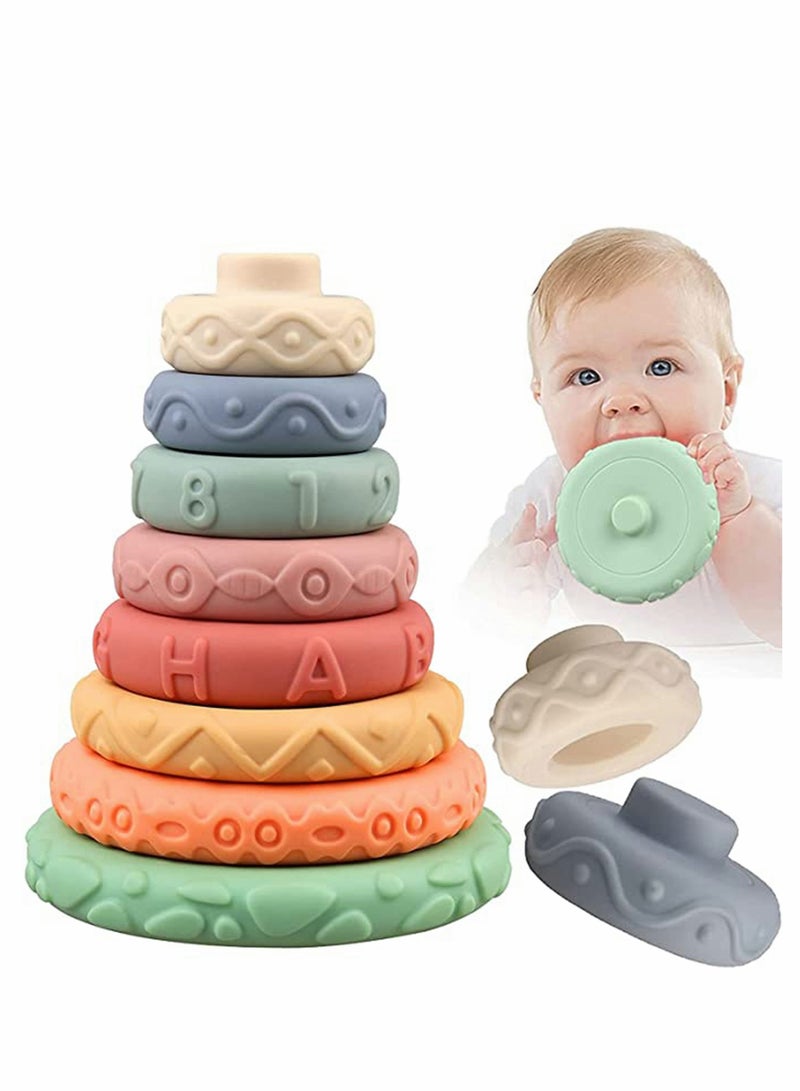 Stacking & Nesting Rings Toy, Soft Circle Stacker, 8 Pcs Soft Building Rings Stacker, Teethers, Squeeze Play with Letter, Toddler Learning Toys for 6 Month Old Boys Girls