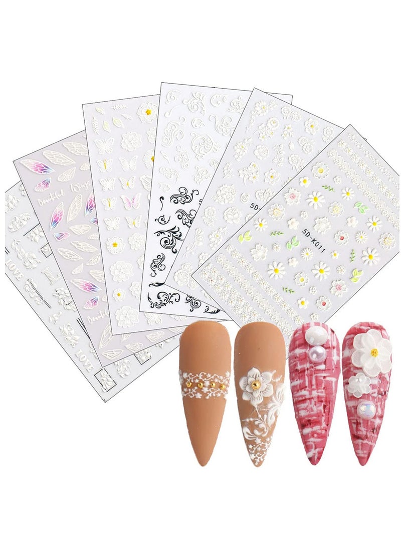 5D Stereoscopic Embossed Flowers Nail Art Stickers Decals, Real 3D Self Adhesive Nail Art Supplies White Lace Rose Flower Wings Nail Design for DIY Acrylic Nail Decoration 6 Sheets