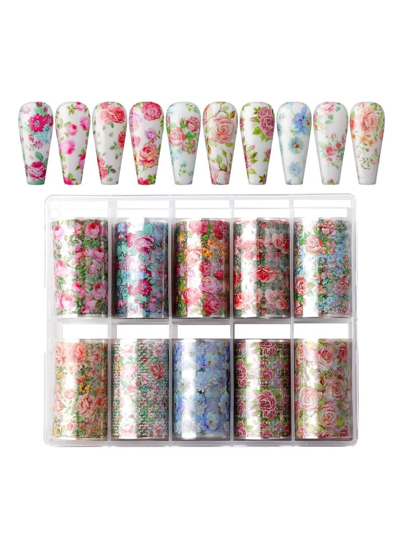 10 Rolls Colorful Flower Print Nail Art Stickers, Self Adhesive Nail Decals, Colorful Florals Pattern Nail Foil Sheets for for Women Girls