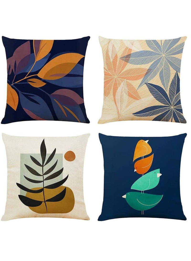 Pillow Cases, Decorative Pack of 4 Navy Blue Orange Cushion Covers 18x18 inch Linen Square Throw Pillow Covers for Living Room Sofa Couch Bed Pillowcases(45cm x 45cm)