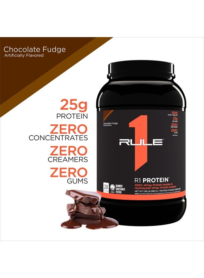 Rule 1 R1 Protein, Chocolate Fudge - 2.01 lbs Powder - 25g Whey Isolate & Hydrolysate + 6g BCAAs - 29 Servings