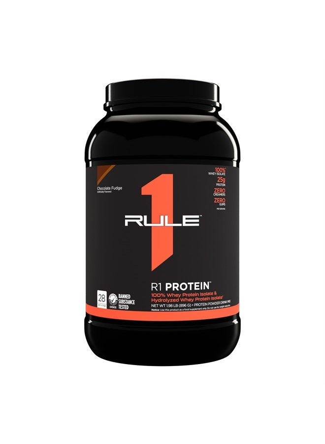 Rule 1 R1 Protein, Chocolate Fudge - 2.01 lbs Powder - 25g Whey Isolate & Hydrolysate + 6g BCAAs - 29 Servings