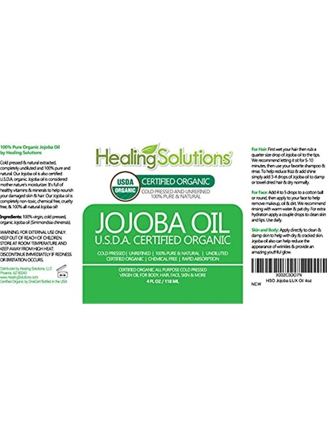 Jojoba Oil Organic 4oz Cold Pressed Unrefined for Skin, Hair, Face & Cuticle Moisturizer, Acne Fighter - 118ml