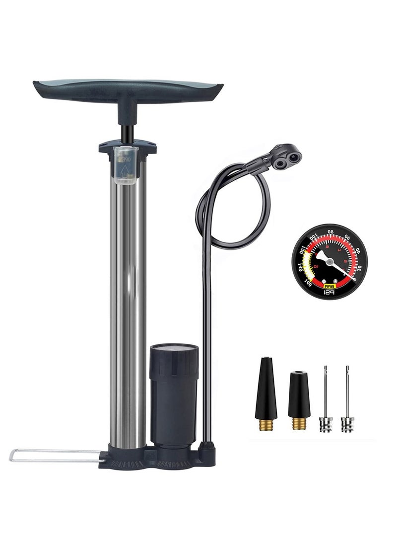 Bike Pump Portable, Ball Pump Inflator Bicycle Floor Pump with high Pressure Buffer Easiest use with Both Presta and Schrader Bicycle Pump Valves-160Psi Max