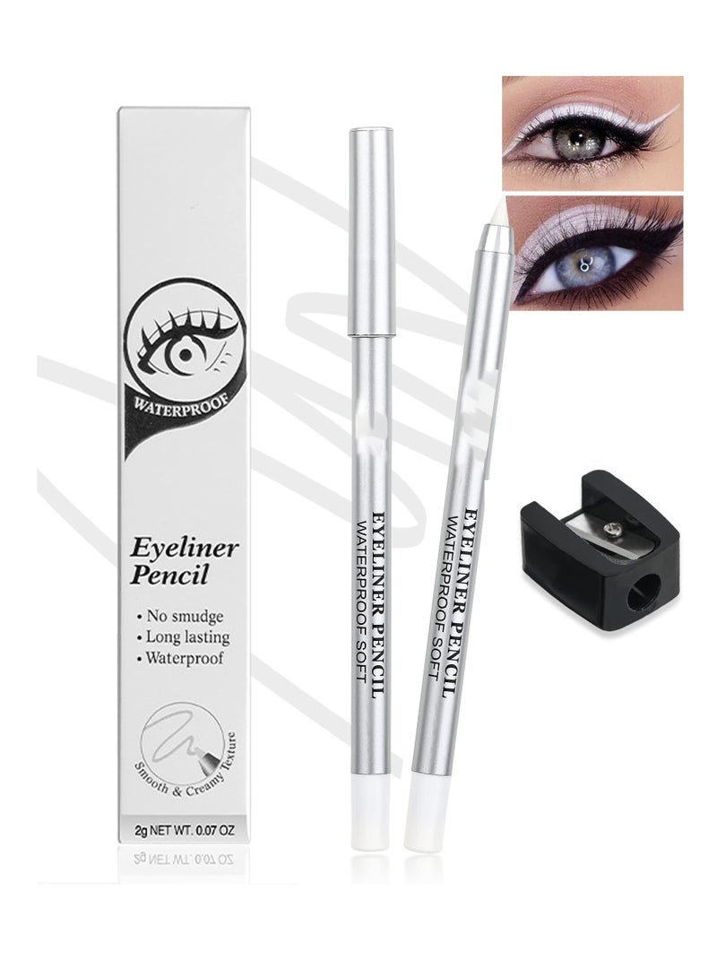 White Waterproof Gel Eyeliner Pens, Highlighter Eye Liner Pencil, Matte Long Lasting  White Eye Liner, Super Smooth formula Eyeshadow Makeup Pen, Polished White Luster, with Pencil Sharpener