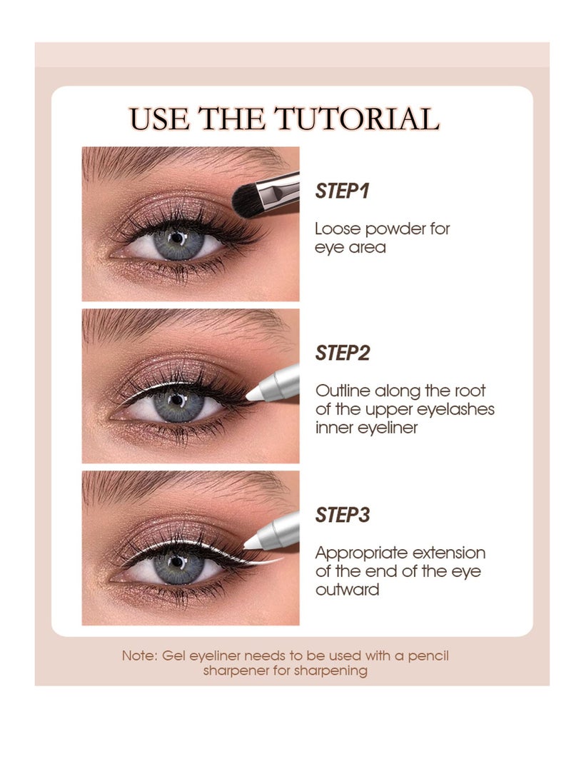 White Waterproof Gel Eyeliner Pens, Highlighter Eye Liner Pencil, Matte Long Lasting  White Eye Liner, Super Smooth formula Eyeshadow Makeup Pen, Polished White Luster, with Pencil Sharpener