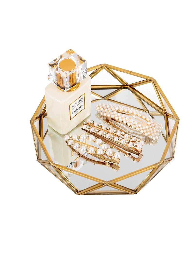 Glass Perfume Tray, Mirror Cosmetic Makeup Vanity Display Tray Jewelry Trinket Organizer Ornate Octagonal Shape Decorative Tray for Desktop Home Decor Dresser Tabletop Countertop, 7inch, Gold
