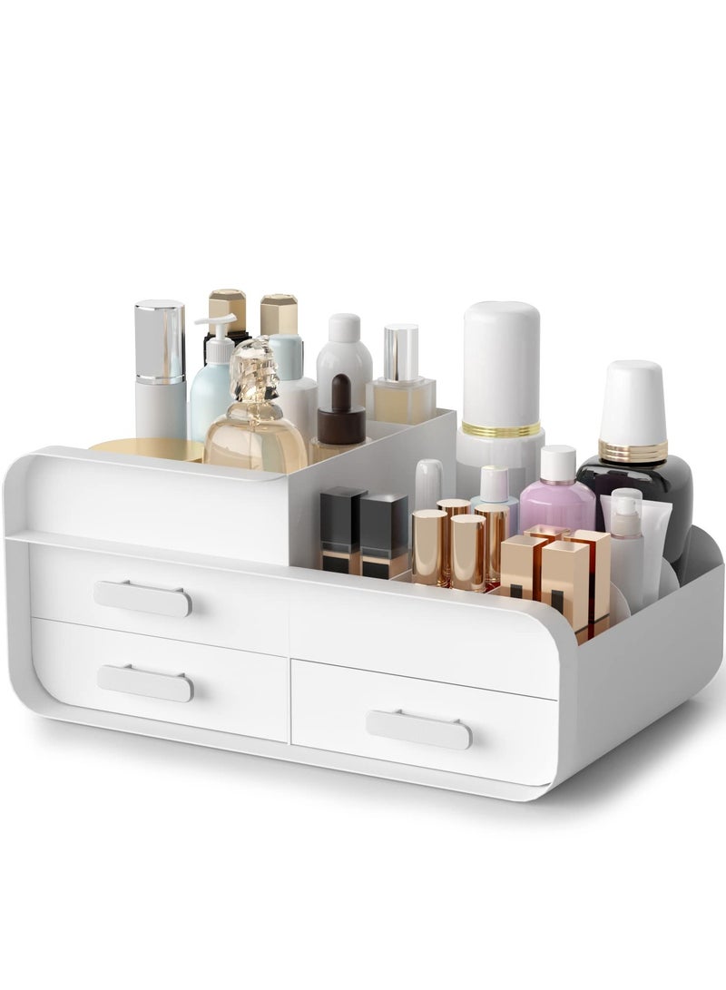 Makeup Organiser Cosmetic Storage Box, Make up Organizer Dressing Table Plastic Cosmetics Holder with Drawer, Vanity Cosmetic Stand Containers for Beauty Skincare Jewellery, White