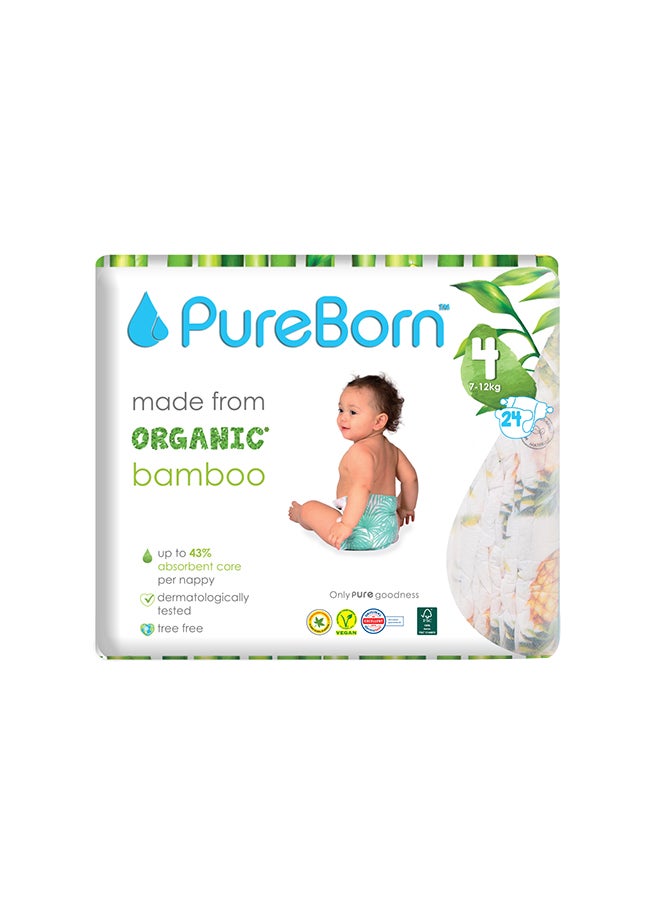 Organic Bamboo Baby Diapers, Size 4, 7 - 12 Kg, 24 Count - Pineapple