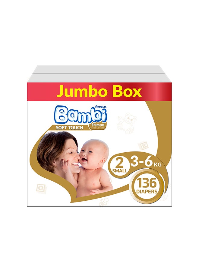 Baby Diapers Jumbo Box Size 2, Small, 3-6 KG, 136 Count