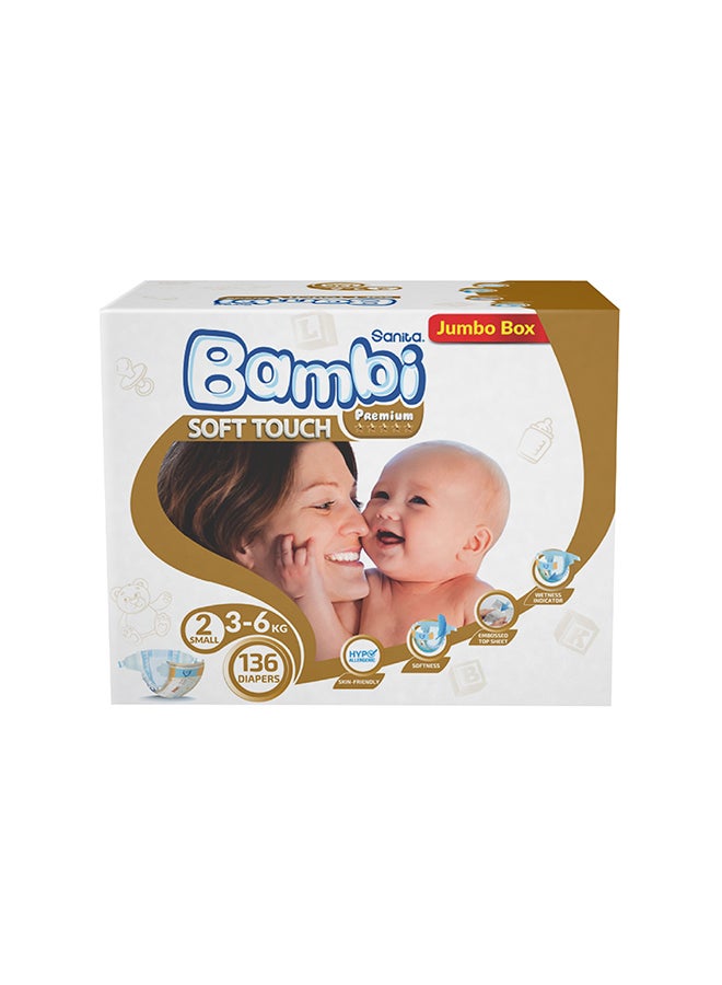 Baby Diapers Jumbo Box Size 2, Small, 3-6 KG, 136 Count