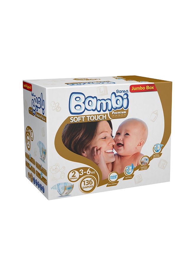 Baby Diapers Jumbo Box Size 2, Small, 3-6 KG, 136 Count