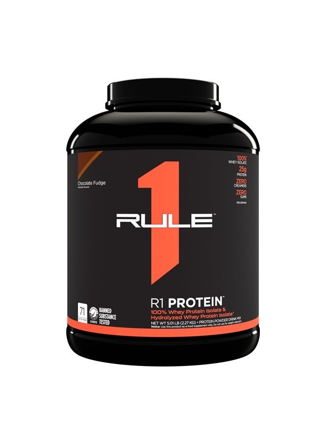 Rule 1 R1 Protein, Chocolate Fudge - 5 lbs Powder - 25g Whey Isolate & Hydrolysate + 6g BCAAs - 72 Servings