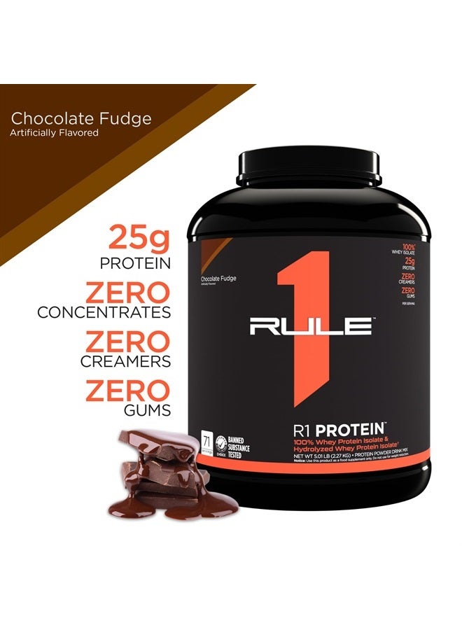 Rule 1 R1 Protein, Chocolate Fudge - 5 lbs Powder - 25g Whey Isolate & Hydrolysate + 6g BCAAs - 72 Servings