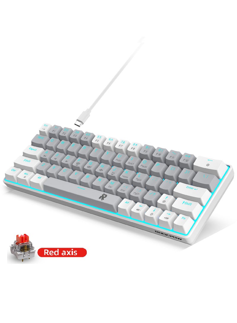 ROCK POW 60% Wired Mechanical Gaming Keyboard 63 keys Ice Blue Backlit Ultra-Compact Mini Keyboard Mini Compact Keyboard for PC/Mac Gamer Typist Easy Carry on Trip Red Switch