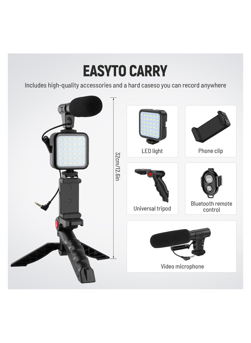 Vlogging Kit, YouTube Kit for iPhone & Android, Compatible Video Vlog Kit with Microphone LED Light Tripod, Remote Control, for Instagram YouTube Recording Facebook Live(Not Including Batteries)