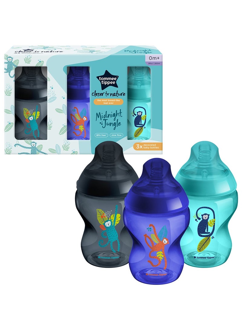 Closer To Nature Baby Bottles, Slow-Flow Breast-Like Teat With Anti-Colic Valve, 260Ml, Pack Of 3, Jungle Blues