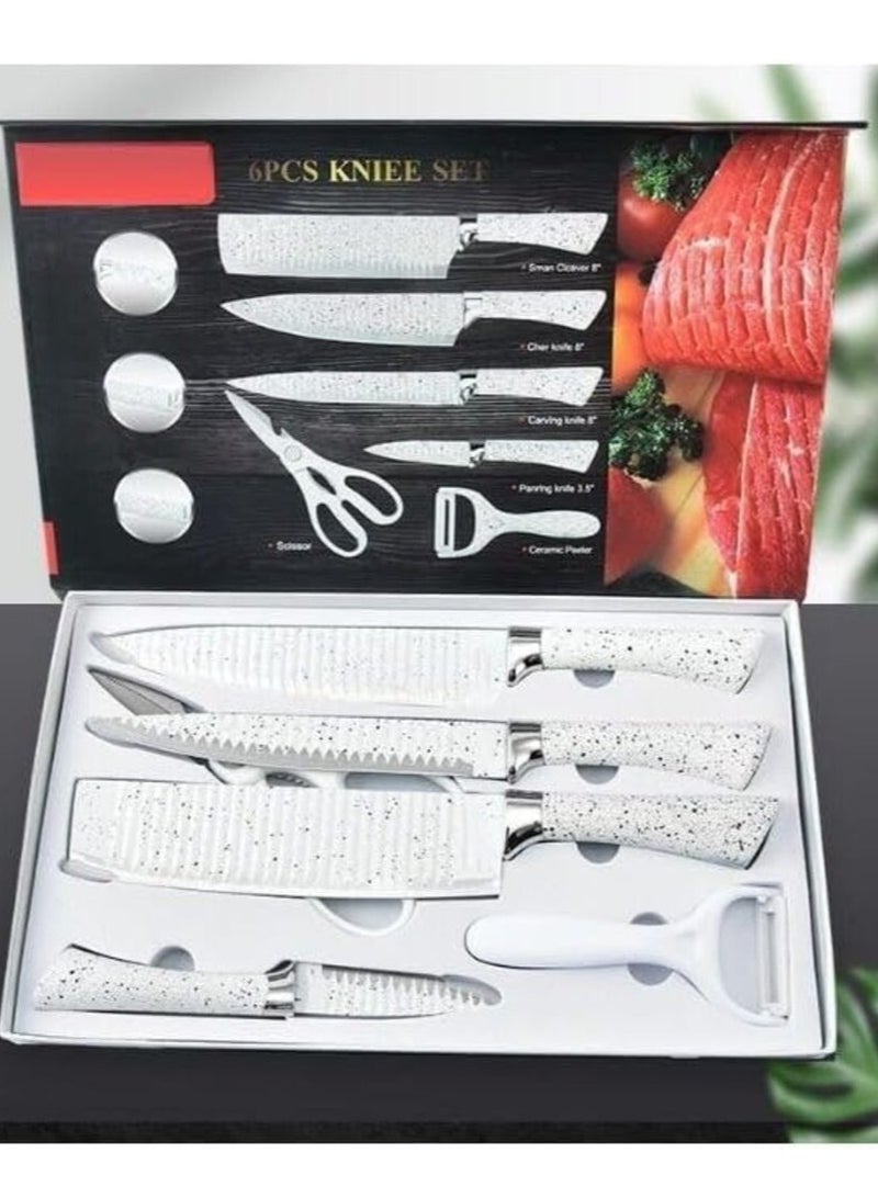 Set of 6 White Dotted Non-stick Coated Stainless Steel Kitchen Knives in Gift Box