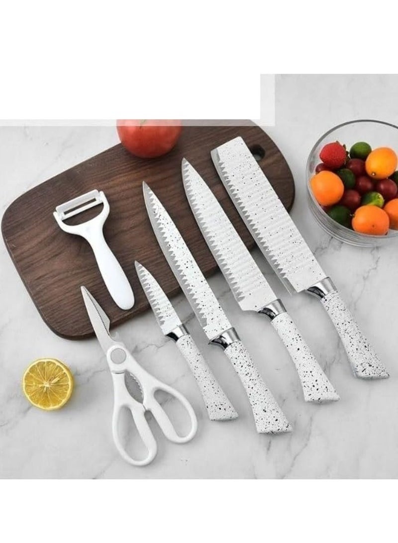 Set of 6 White Dotted Non-stick Coated Stainless Steel Kitchen Knives in Gift Box