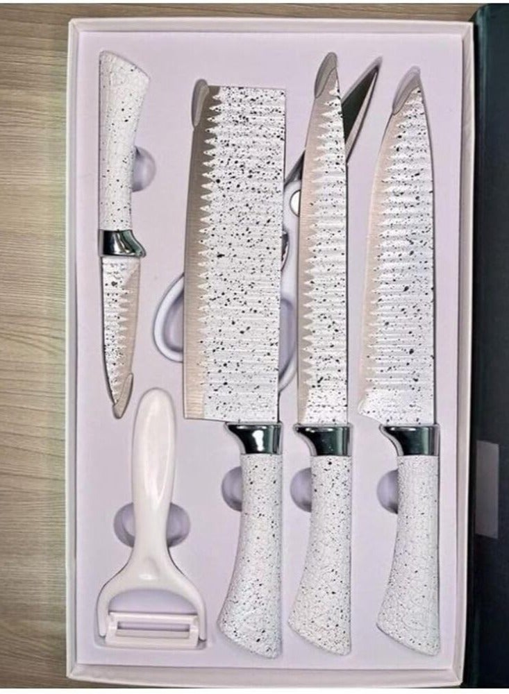 Set of 6 White Dotted Non-stick Coated Stainless Steel Kitchen Knives in Gift Box