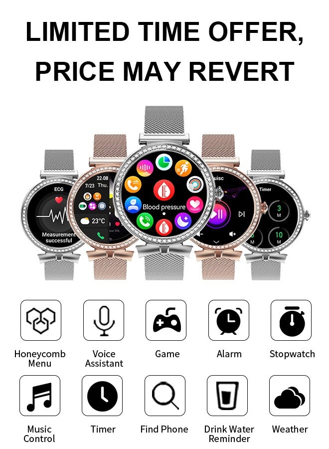 Korean Brand StellarLuxe Y3 Smart Watch for Women, Zinc Alloy Diamond Dial, Health/Sleep/Fitness Management, Bluetooth Calling, Compatible with Android & iOS, Perfect Gift