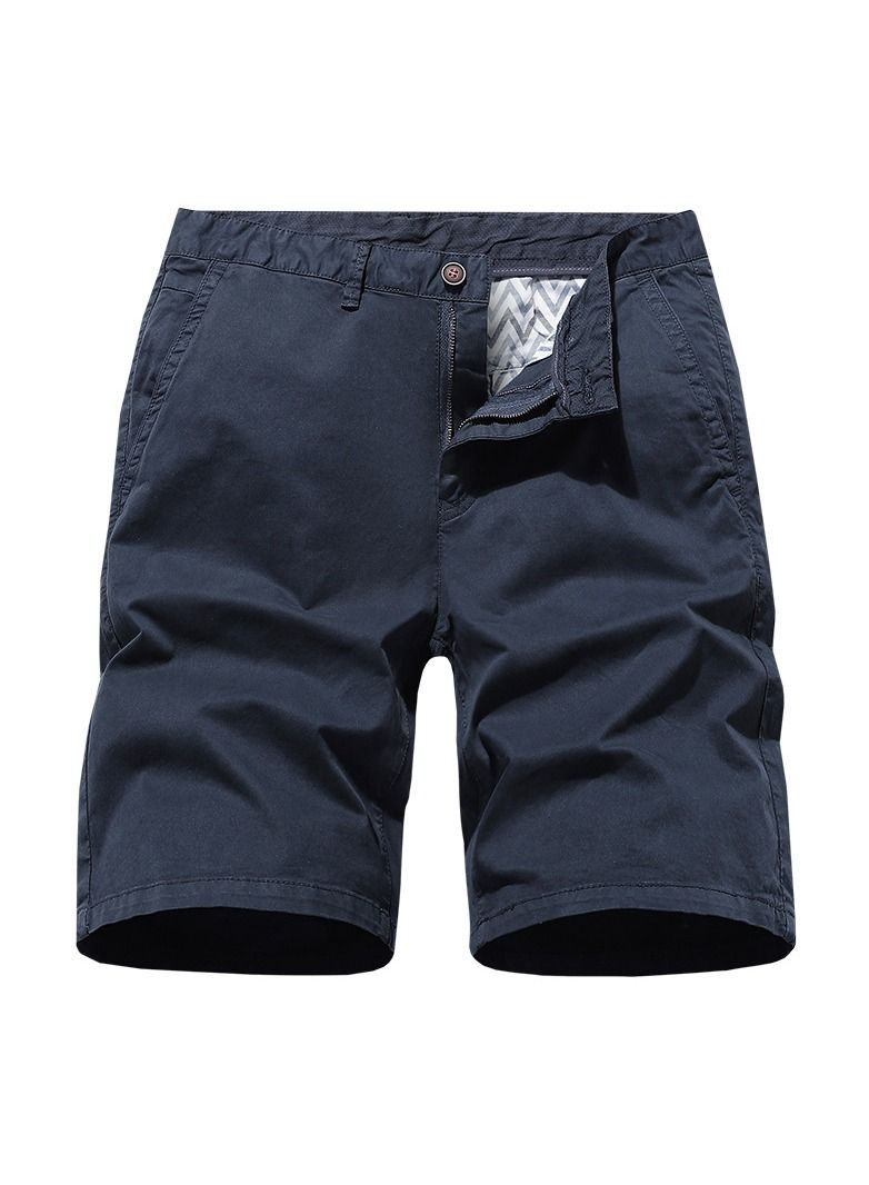 Men's Solid Color Casual Pants, Elastic Pure Cotton Shorts Dark Blue