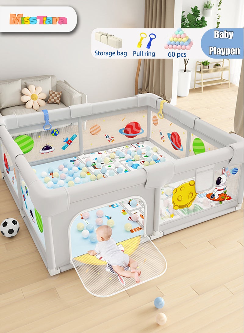 Baby Playpen, Extra Large Playard for Babies, Portable Indoor Outdoor Toddlers Safety Play Yard Activities with Breathable Mesh&Zipper Door, with 50pcs-Ocean Balls&Accessories 150*180cm