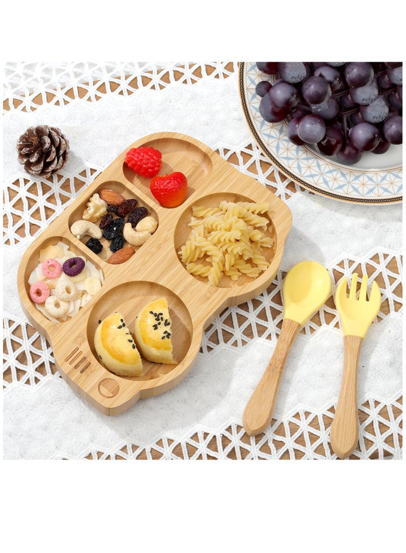 Toddler Bamboo Plate With Suction, Toddler Plate Set With Spoon Fork, Car Shaped Design Divided Plate, BPA FREE, Yellow