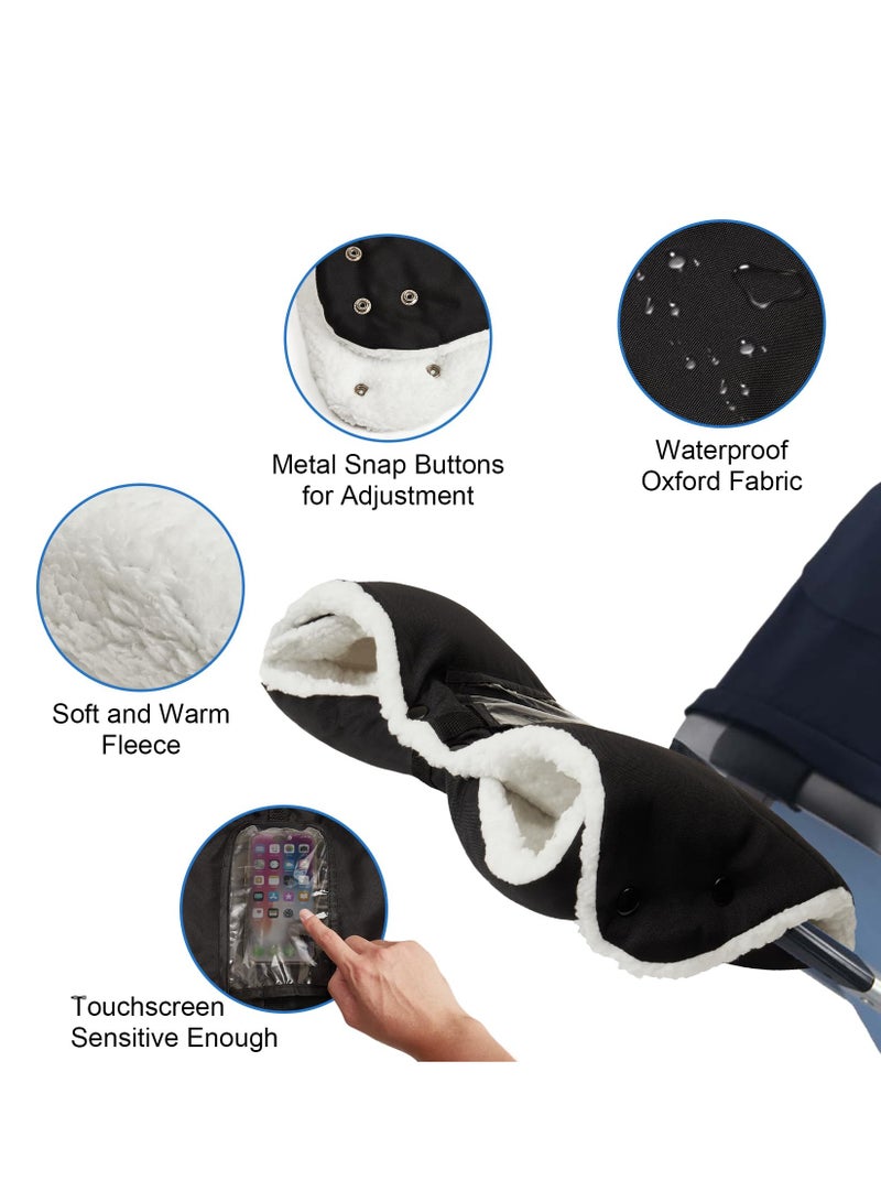 Stroller Hand Gloves, Baby Stroller Gloves Thick AntiFreeze Mittens Hand Warmer, Universal Warm Winter Gloves Water Repellent Pram Hand Gloves With Touch Screen Phone Bag For Cold Weather, Black