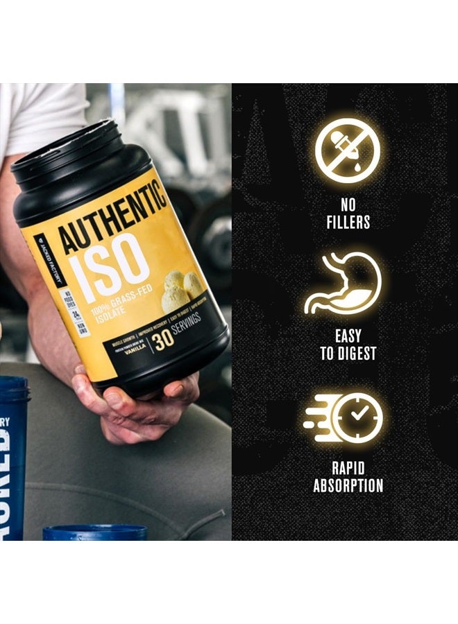 Authentic ISO Grass Fed Whey Protein Isolate Powder - Low Carb, Non-GMO Muscle Building Protein w/No Fillers, Mixes Perfectly for Post Workout Recovery, Vanilla - 2LB, 30 SV