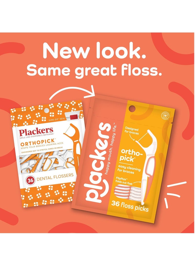 Plackers Orthopick Floss Picks, Unflavored, Designed for Braces, Fold-Out FlipPick, Tuffloss, Easy Storage with Sure-Zip Seal, 36 Count (4 Pack)