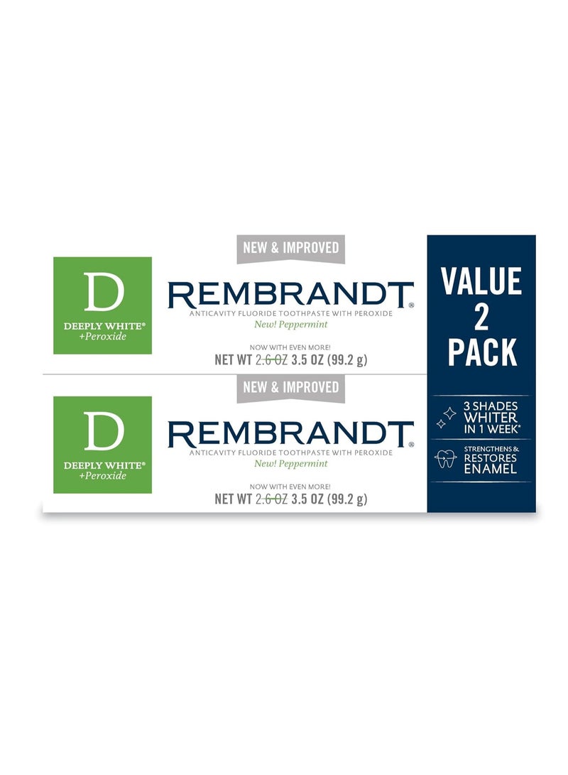 Rembrandt Deeply White + Peroxide Whitening Toothpaste, Peppermint Flavor, 3.5-Ounce (Pack of 2) (Packaging may Vary)